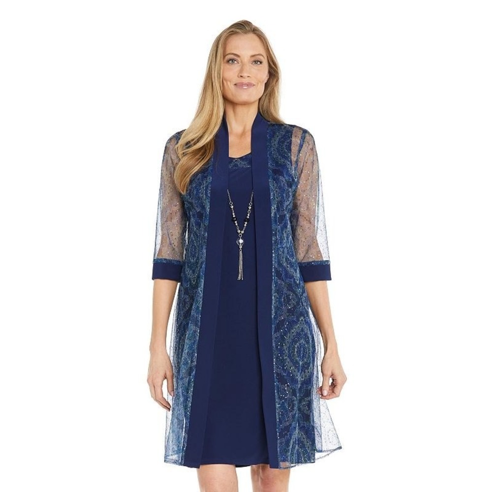NWT R&M Richards Navy Blue 2 Piece Sheath Dress & Mesh Jacket Set Sz 6 Necklace